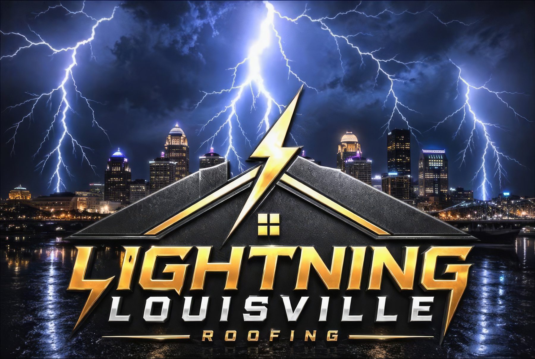 Lightning Louisville Roofing, gold lightning lettering over the Louisville skyline in a storm