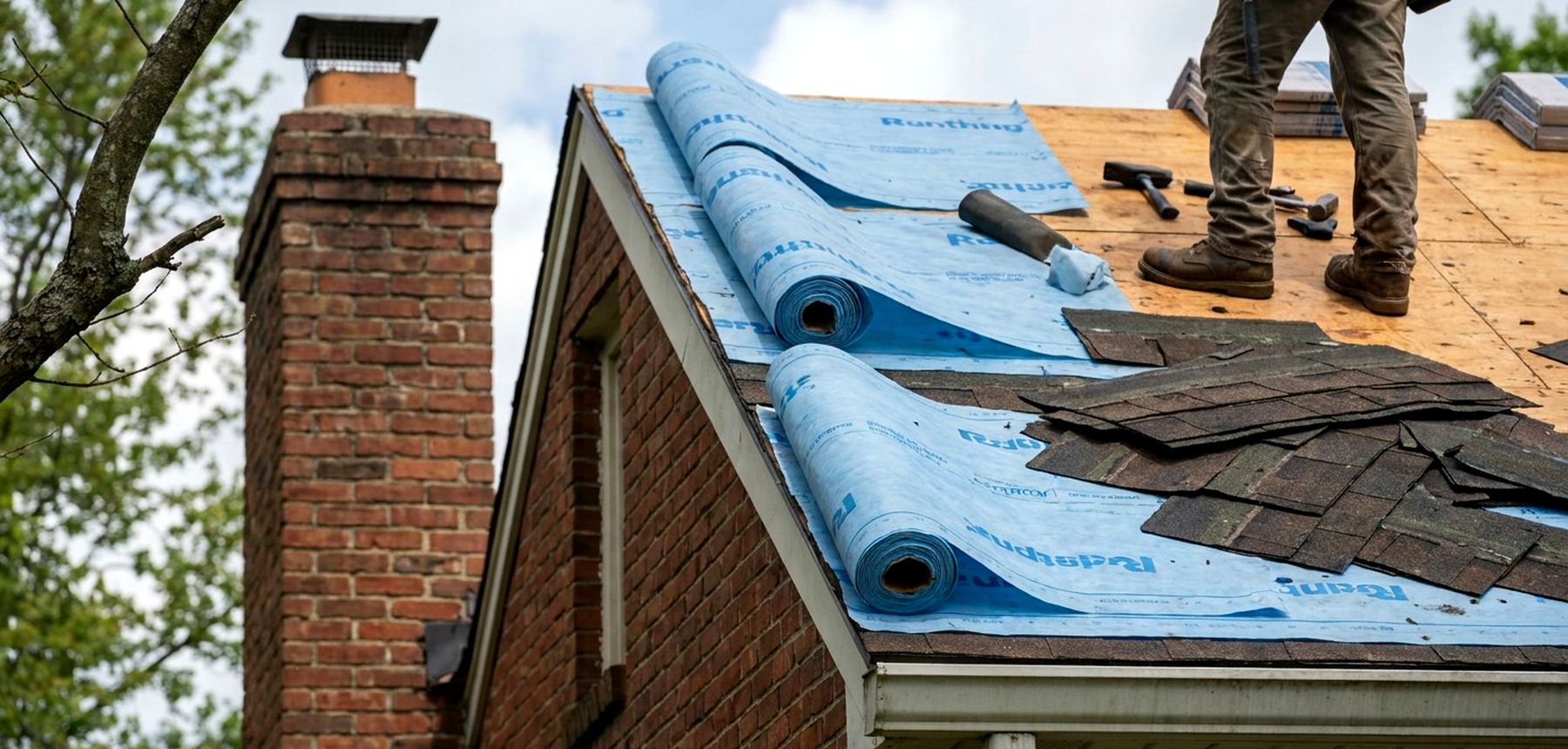 A roof replacement in progress on a Louisville brick home, old shingles torn off, synthetic underlayment rolled across the deck, a crew member's boots on the roof, a generated scene